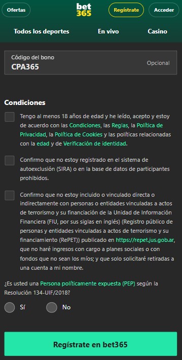 registro con el codigo bet365